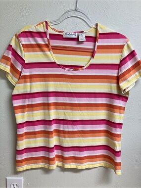 Chadwicks Pink Orange Yellow Striped Scoop Neck Tee